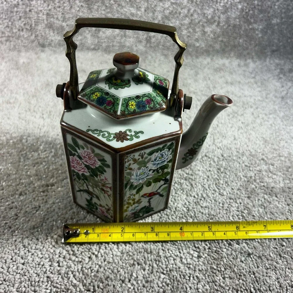 Andrea by Sadek Teapot White Floral Bird Hexagonal Brass Handle Japan Vintage
